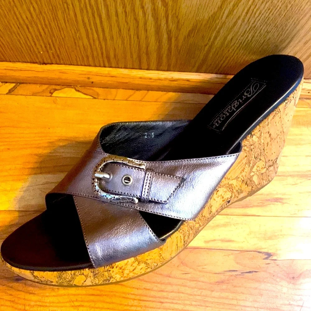 Brighton Italy metallic pewter leather horsebit buckle cork wedge slide sandals